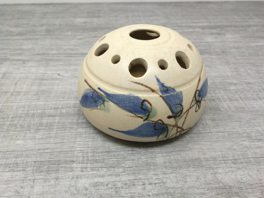 Nora Lewin studio pottery flower frog vase | Round Mushroom Cap Vase with Blue Abstract Design