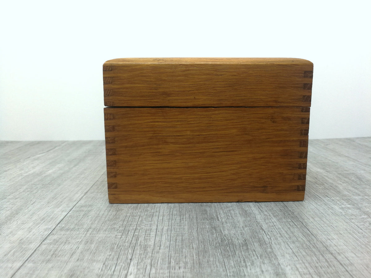 Oak Recipe or Library Index File Card Box | Vintage Solid Wood Hinged Box | Curve Cut Lid | Finger Jointed Sides