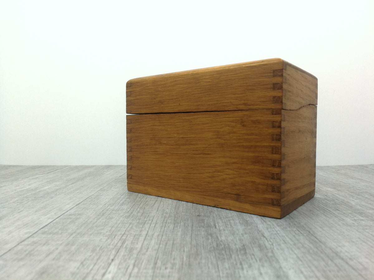 Oak Recipe or Library Index File Card Box | Vintage Solid Wood Hinged Box | Curve Cut Lid | Finger Jointed Sides