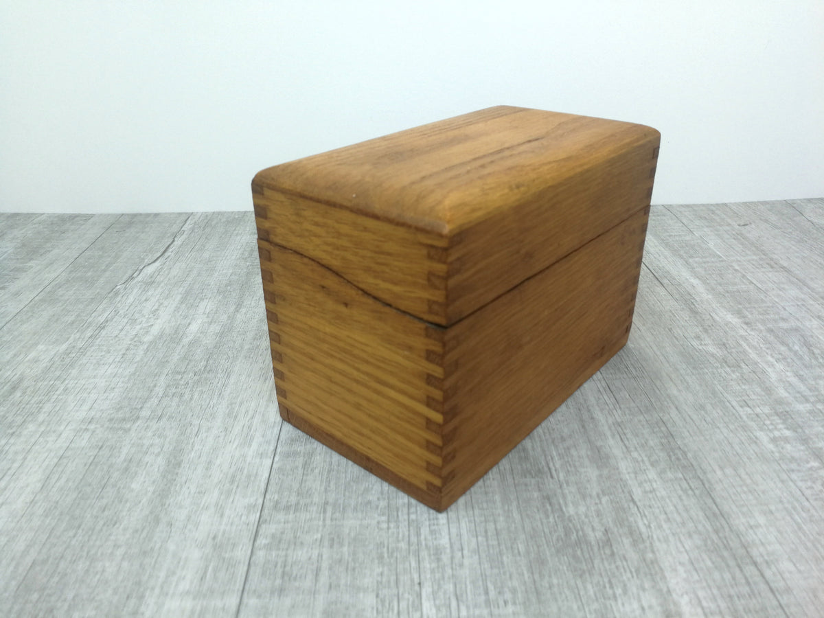 Oak Recipe or Library Index File Card Box | Vintage Solid Wood Hinged Box | Curve Cut Lid | Finger Jointed Sides