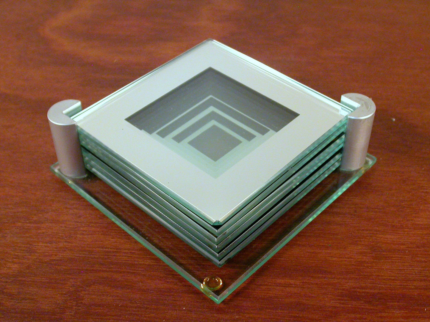 Glass Coasters,Square, Post Modern Glass Coasters, Geometric Mirror Pattern, Set of 6 Coasters 1980's, Post Modern Design