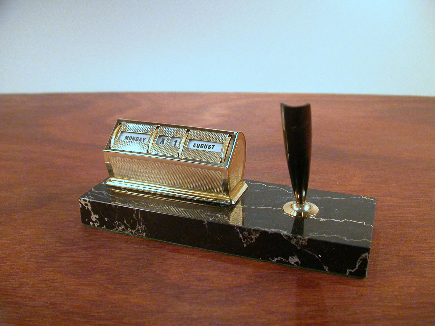 Black Marble, Desk Calendar and Pen Holder, Vintage Office Supply