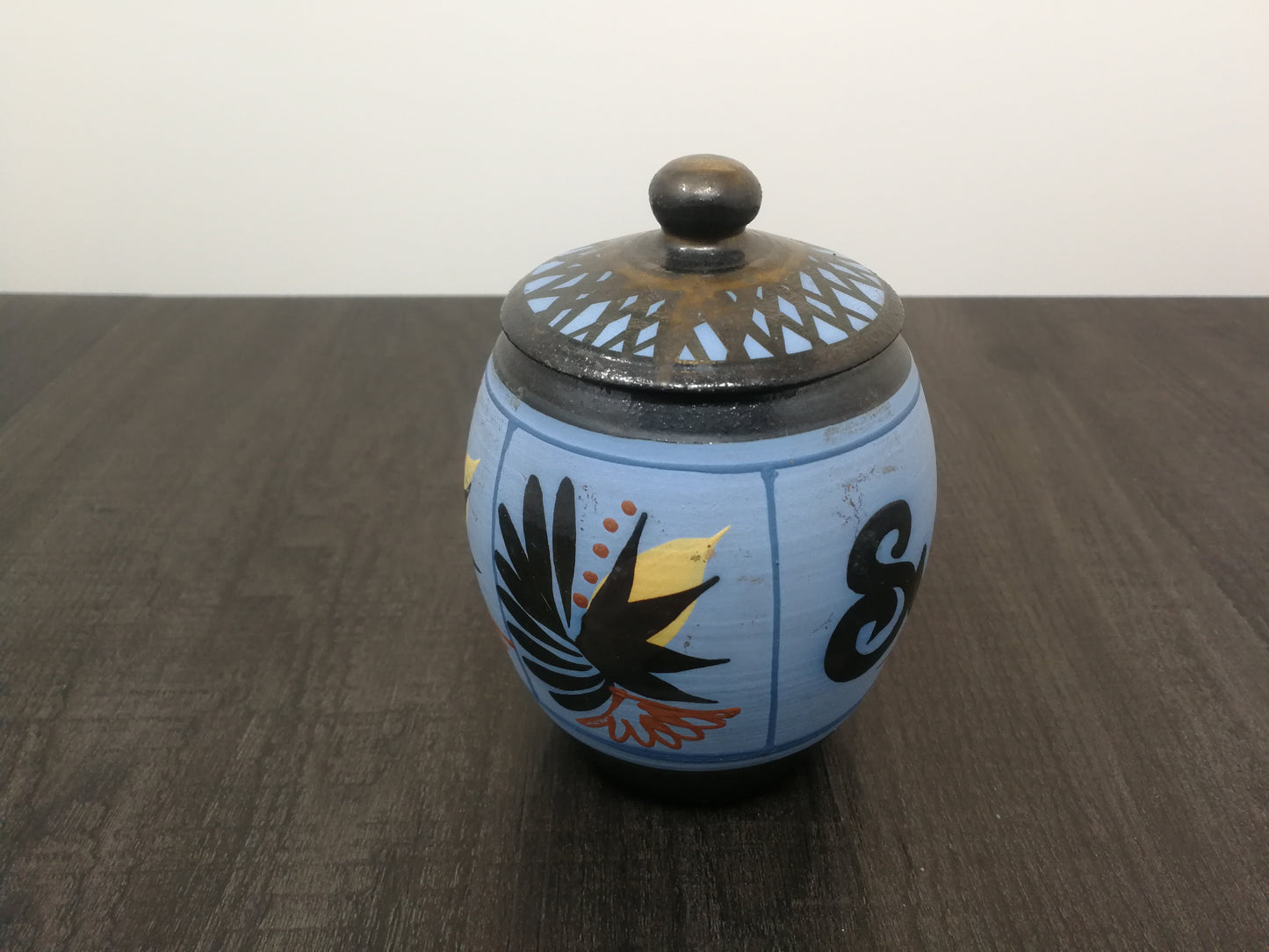 Priddoes Studio Pottery Sugar Bowl | Colourful 1960's Red Clay Pottery with Handpainted Design