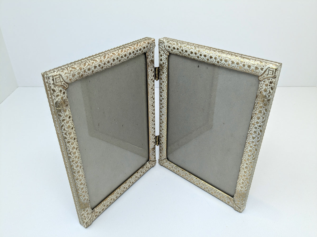 Vintage Bifold Picture Frame | Antiqued White & Brass Finish | 4"× 6"