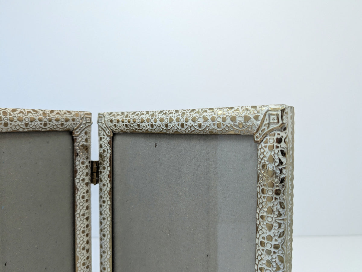 Vintage Bifold Picture Frame | Antiqued White & Brass Finish | 4"× 6"