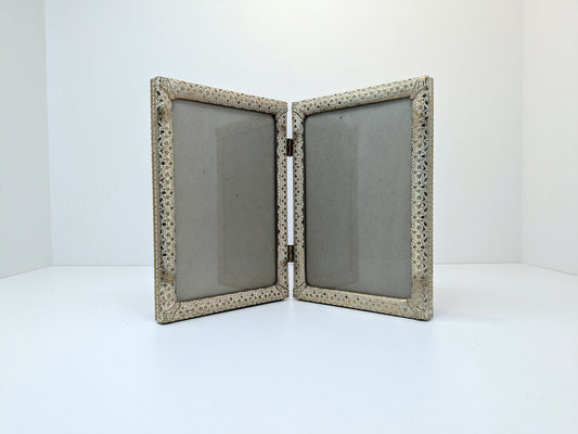 Vintage Bifold Picture Frame | Antiqued White & Brass Finish | 4"× 6"