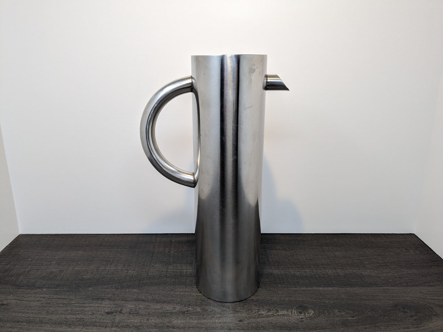 Stainless Steel Modernist Water Pitcher | Streamlined Tall Narrow Liquid Dispenser | Vintage Barware
