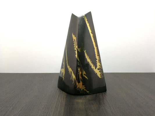 Postmodern Brass Vase | Metal Vase in the style of James Johnston | Gray Patina Brass with Polished Brass Abstract Design