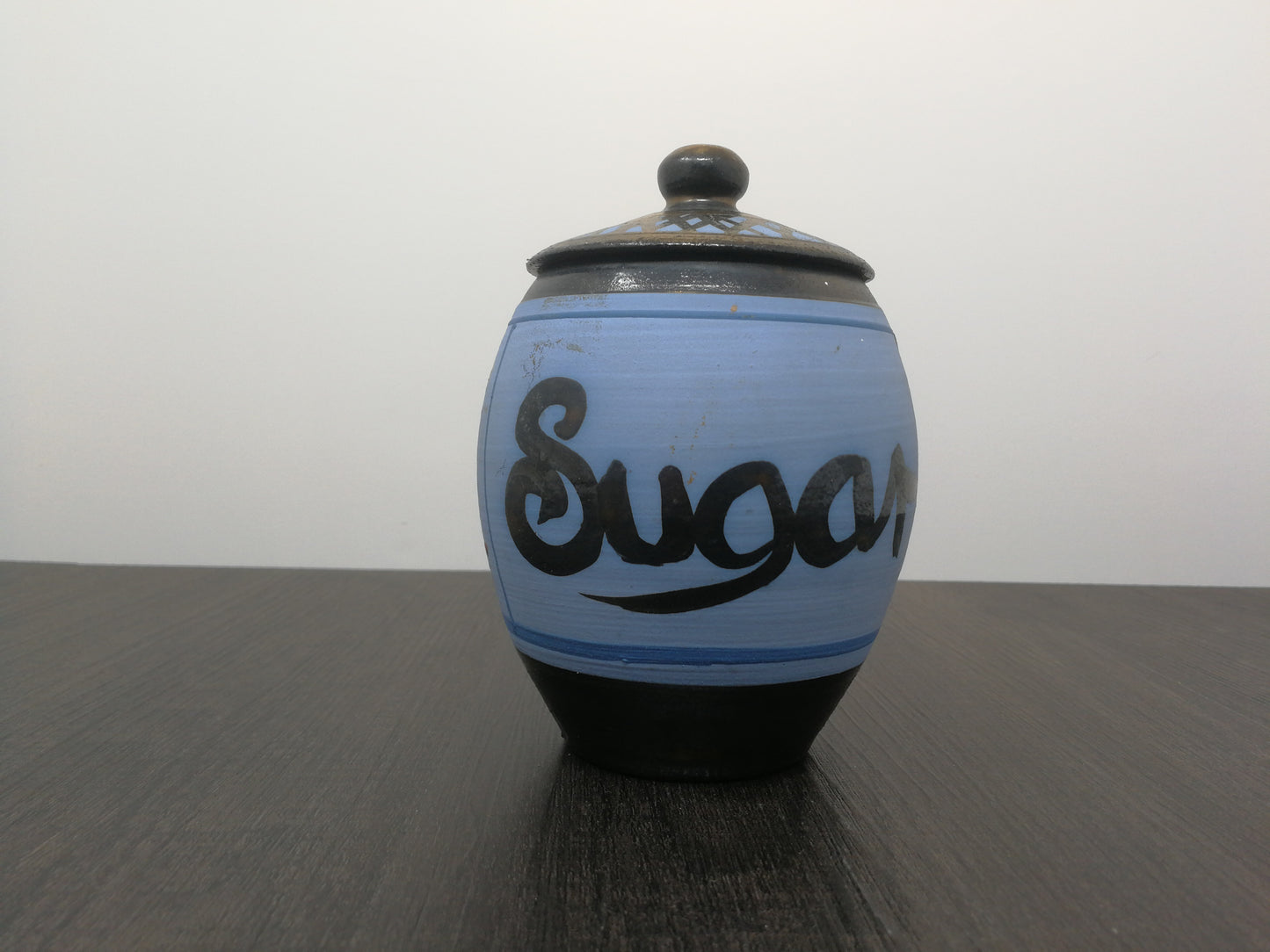 Priddoes Studio Pottery Sugar Bowl | Colourful 1960's Red Clay Pottery with Handpainted Design
