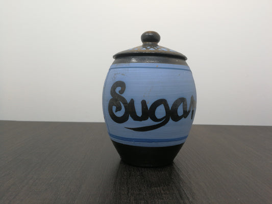 Priddoes Studio Pottery Sugar Bowl | Colourful 1960's Red Clay Pottery with Handpainted Design