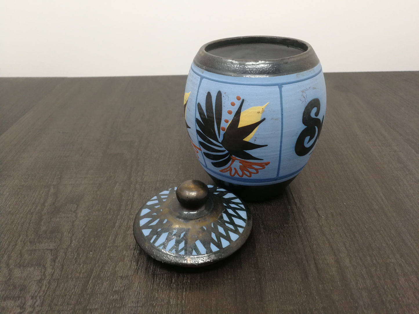 Priddoes Studio Pottery Sugar Bowl | Colourful 1960's Red Clay Pottery with Handpainted Design