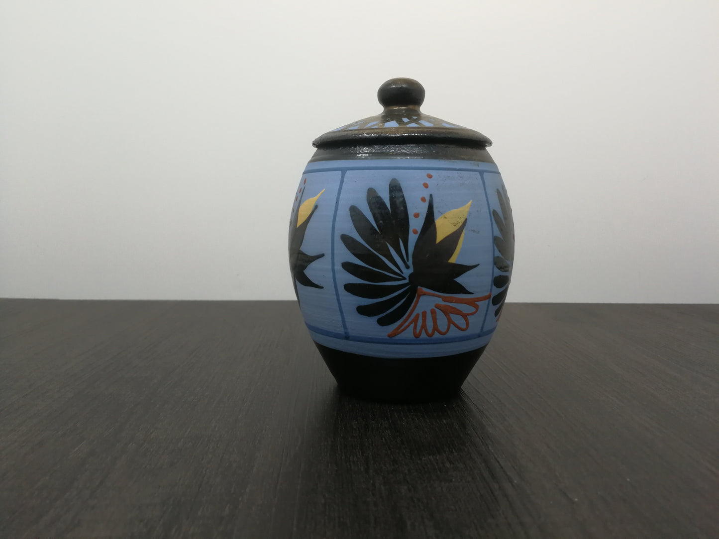 Priddoes Studio Pottery Sugar Bowl | Colourful 1960's Red Clay Pottery with Handpainted Design