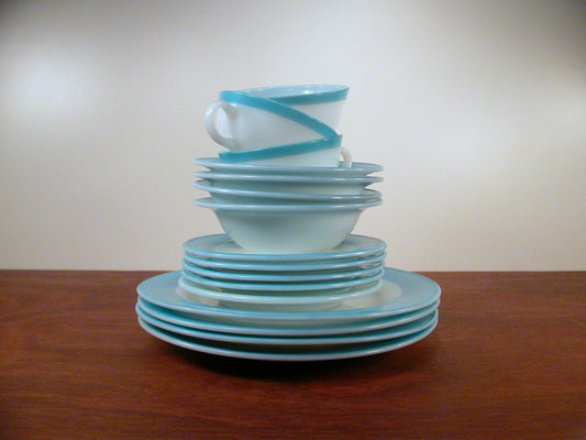 Blue Rim Pyrex Plates, Bowls, Bread Plates, Tea Cups, Pyrex Milk Glass Dinnerware