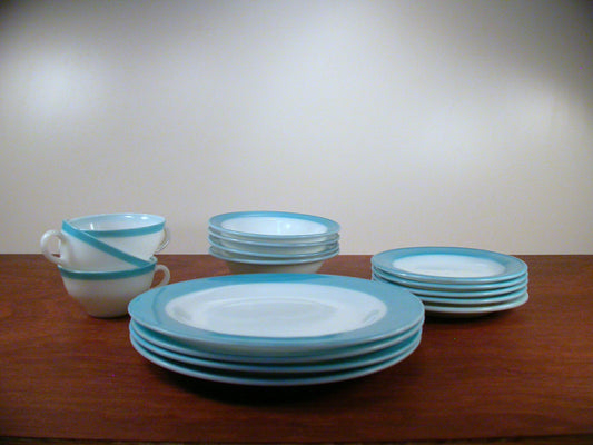 Blue Rim Pyrex Plates, Bowls, Bread Plates, Tea Cups, Pyrex Milk Glass Dinnerware
