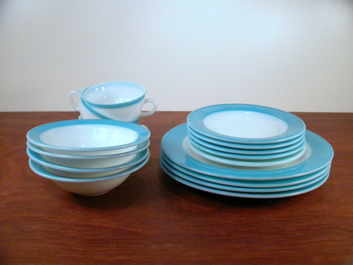 Blue Rim Pyrex Plates, Bowls, Bread Plates, Tea Cups, Pyrex Milk Glass Dinnerware