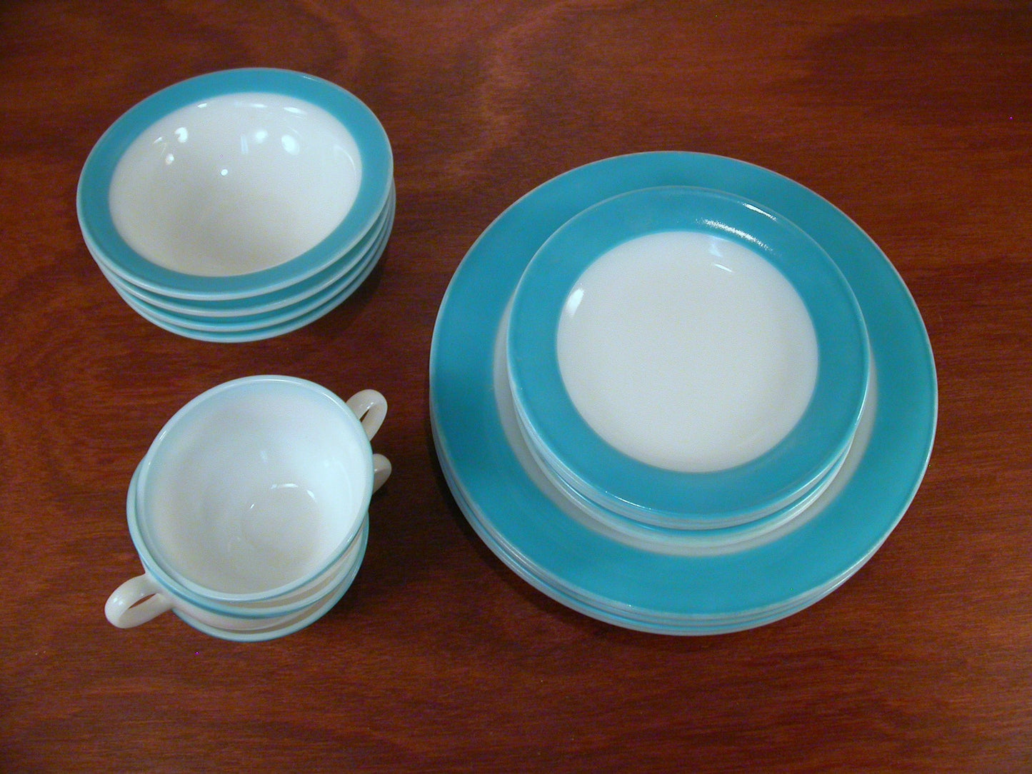 Blue Rim Pyrex Plates, Bowls, Bread Plates, Tea Cups, Pyrex Milk Glass Dinnerware