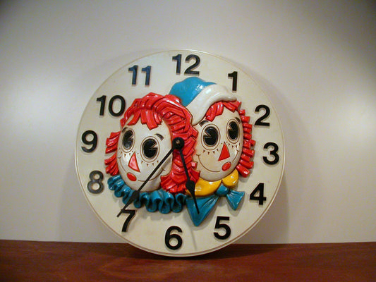 Raggedy Ann and Andy Circular Plastic Wall Clock, 1977 Syrocco Wall Clock