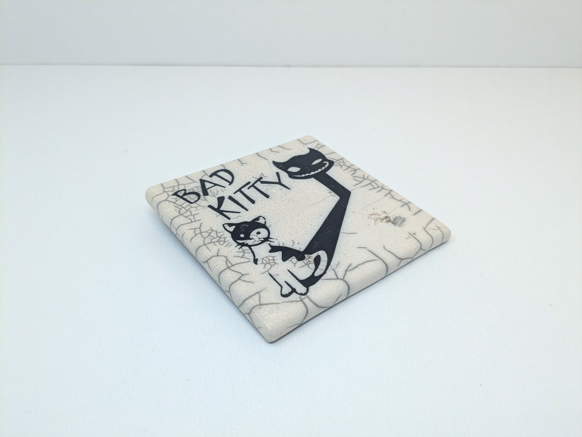 Ornamental Raku Wall Tile Featuring a Black Cat | Whimsical Wall Art Albert Dubout Style Graphics