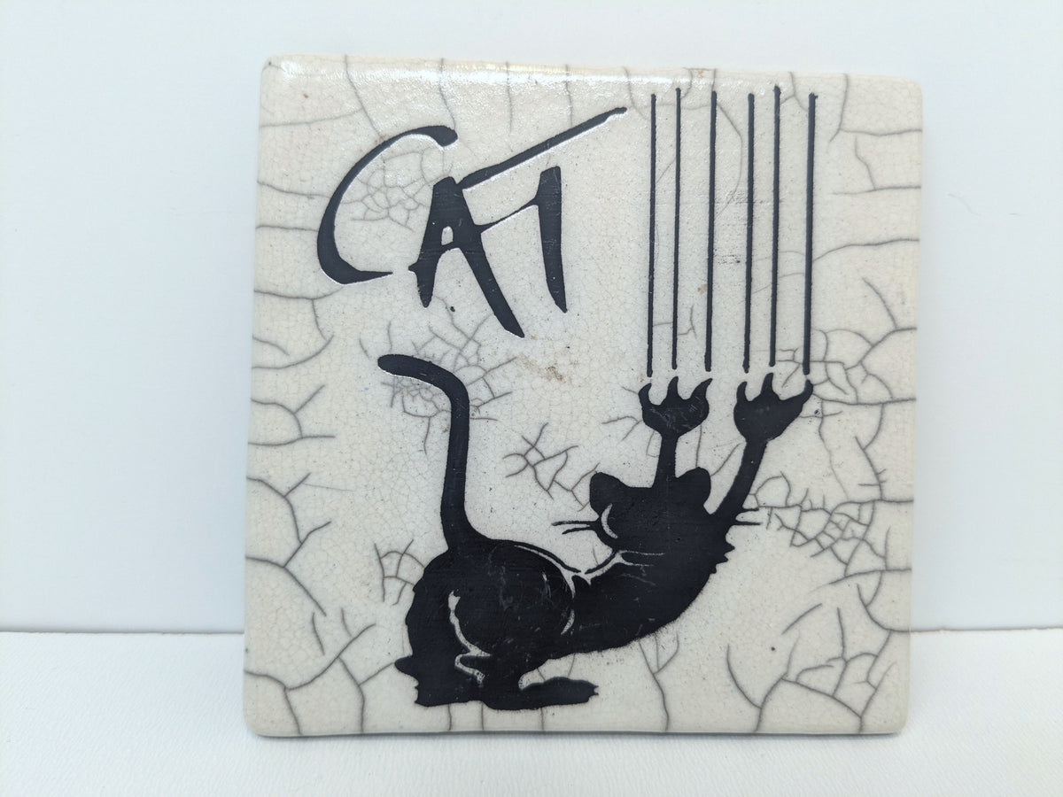 Raku Tile With Whimsical Cat Graphics | Albert Dubout Style Graphics