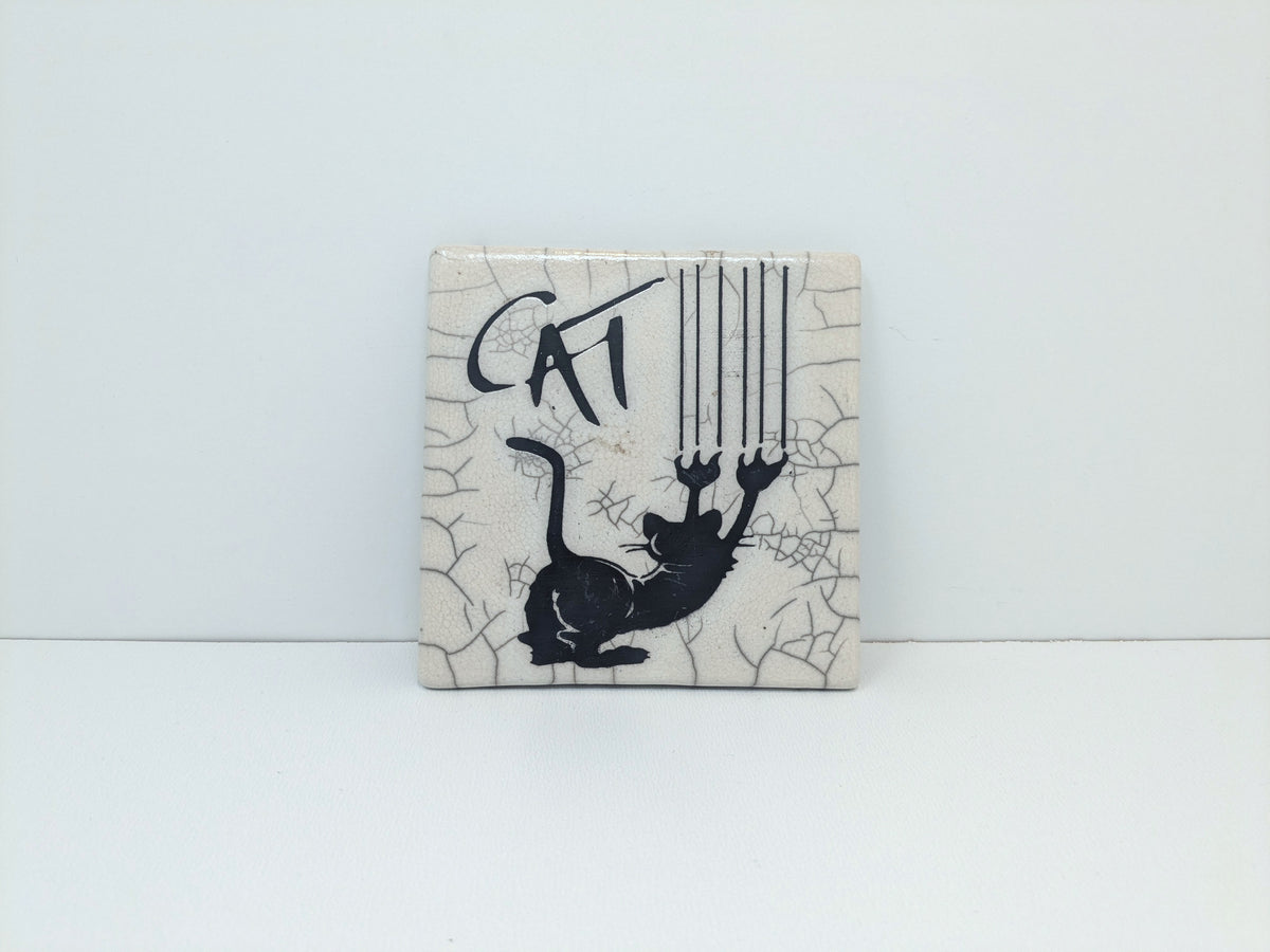 Raku Tile With Whimsical Cat Graphics | Albert Dubout Style Graphics