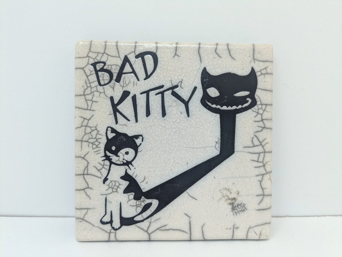 Ornamental Raku Wall Tile Featuring a Black Cat | Whimsical Wall Art Albert Dubout Style Graphics