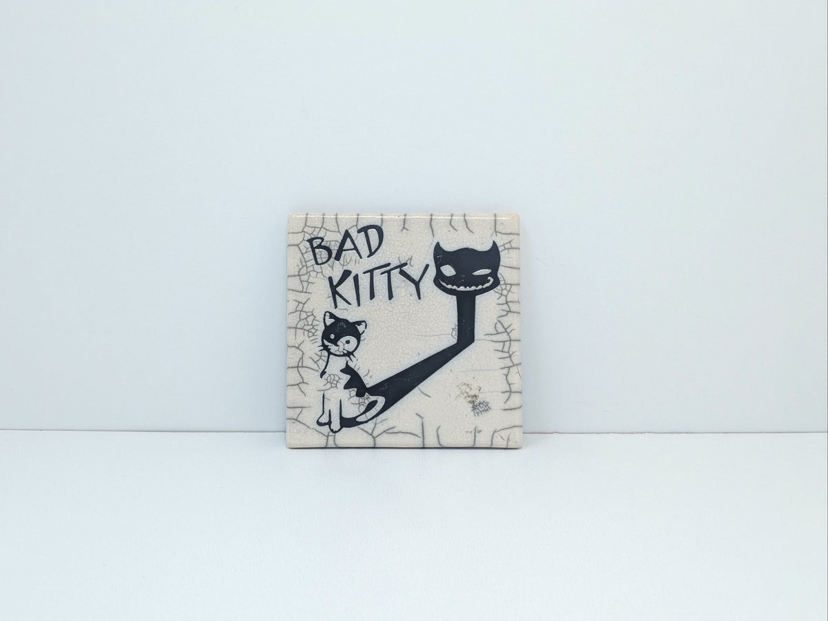 Ornamental Raku Wall Tile Featuring a Black Cat | Whimsical Wall Art Albert Dubout Style Graphics