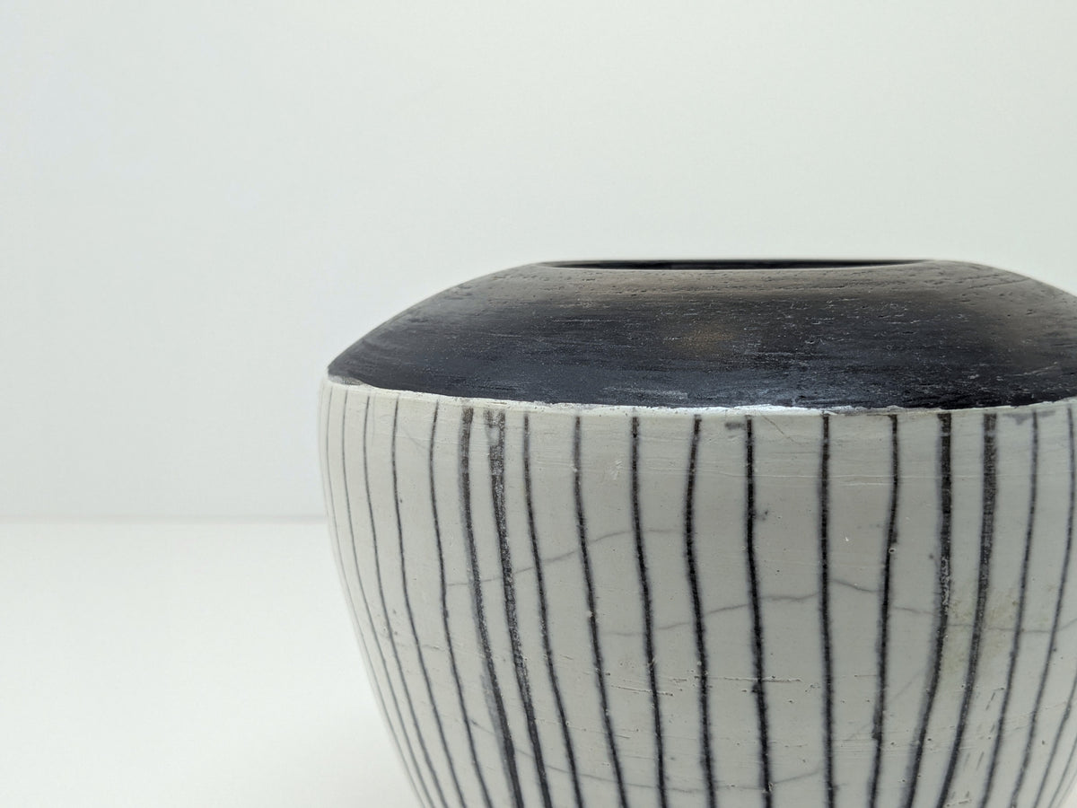 Naked Raku Vase | White Body with Black Stripes | Unmarked Jan Lovewell
