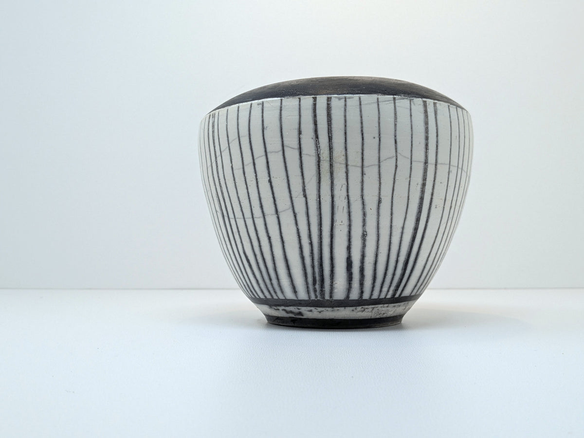 Naked Raku Vase | White Body with Black Stripes | Unmarked Jan Lovewell