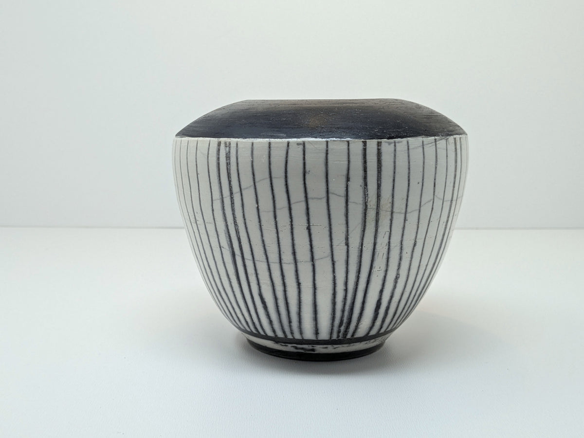 Naked Raku Vase | White Body with Black Stripes | Unmarked Jan Lovewell