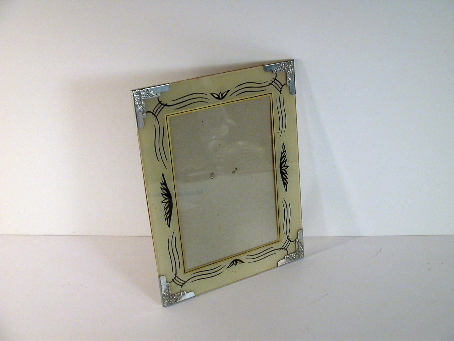 Picture Frame Art Deco with Metal Frame, Reverse Painted Vintage Picture Frame