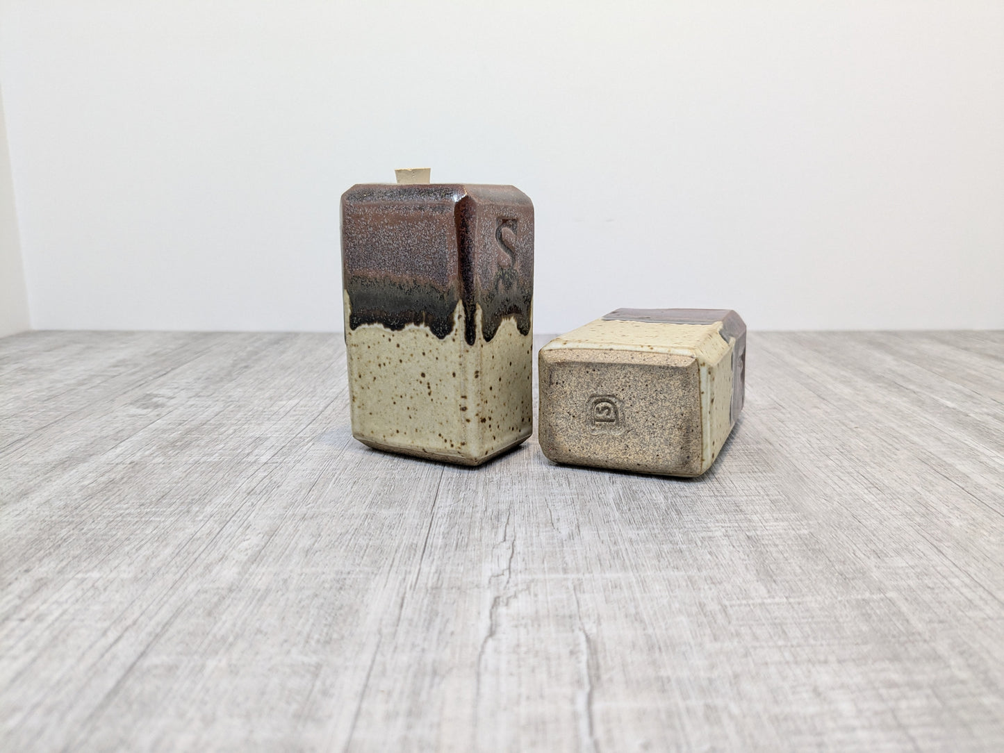 Salt & Pepper Shakers | Modern Rectangular Shakers | Tenmoku Drip Glaze