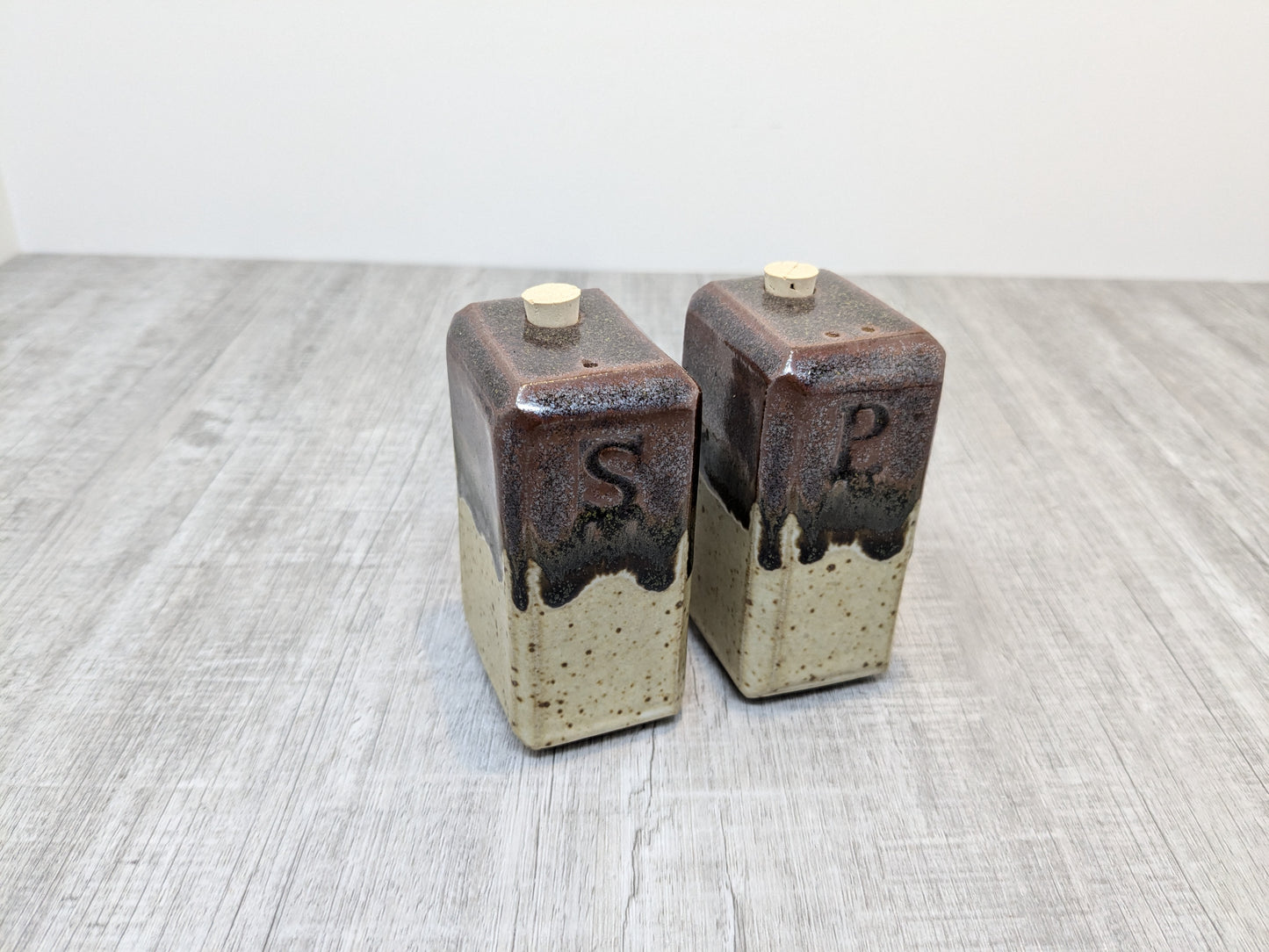 Salt & Pepper Shakers | Modern Rectangular Shakers | Tenmoku Drip Glaze