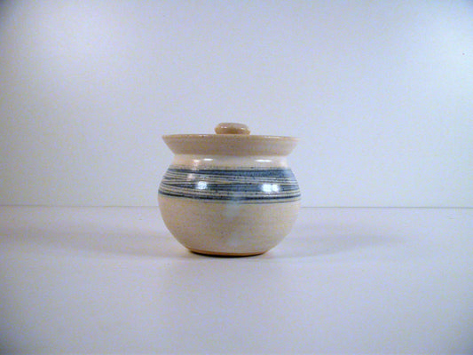 Sandi Dagg Pottery Prince Edward Island, Functional Covered Jar Blue Band over off White Body, Vintage PEI Pottery