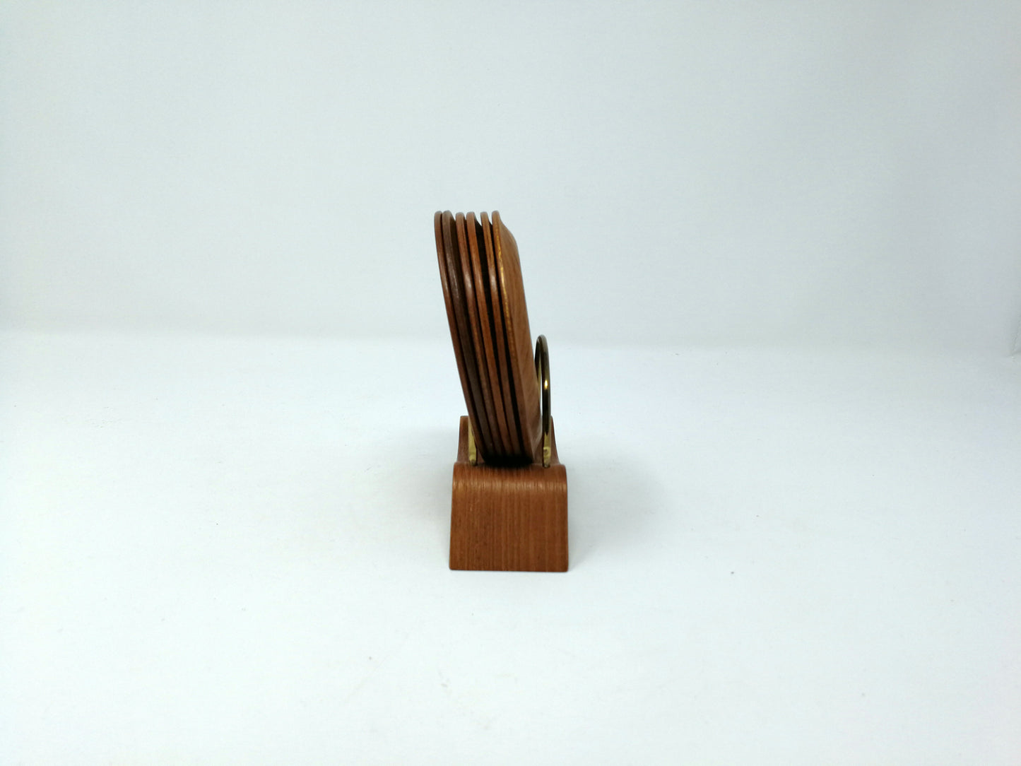 Teak Coaster Set | Mid Century 6 Coasters and Bent Wood Stand | Bar Ware Coasters