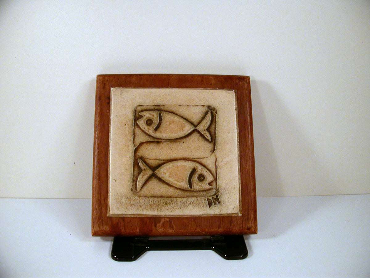 Vintage Trivet with Studio Pottery Tile Inlay with Teak Frame