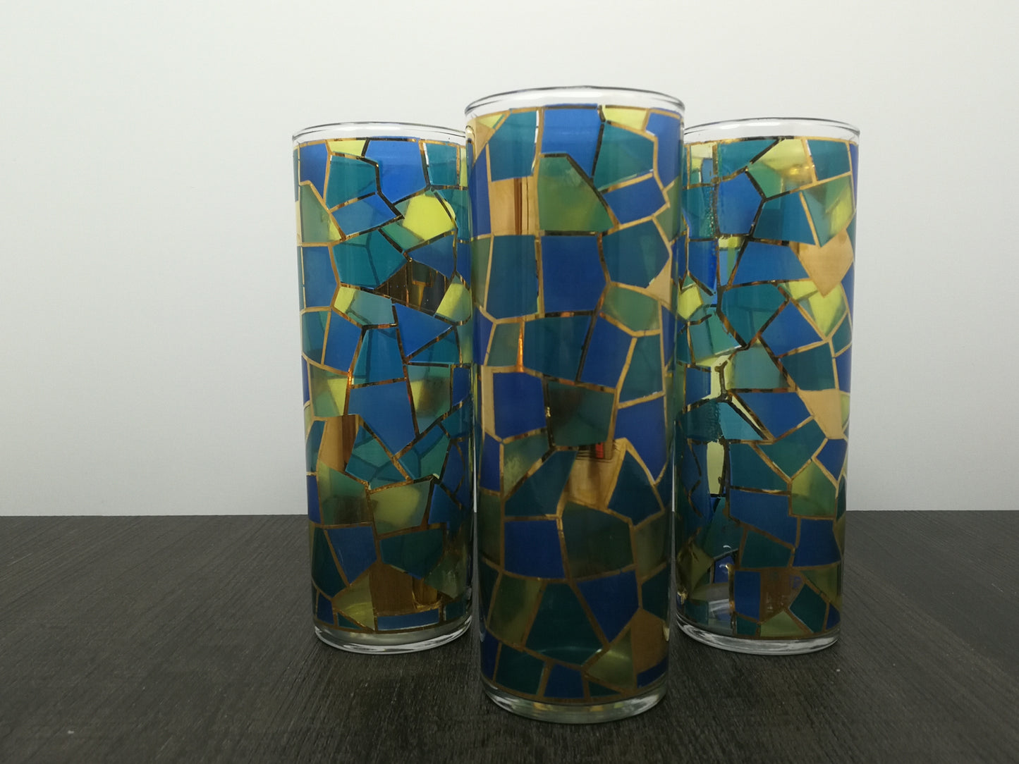 Set of 4 Vintage Stained Glass High Ball Glasses | Mid Century Cathedral Glass Drinking Glasses