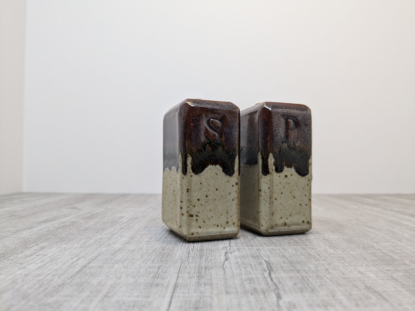 Salt & Pepper Shakers | Modern Rectangular Shakers | Tenmoku Drip Glaze
