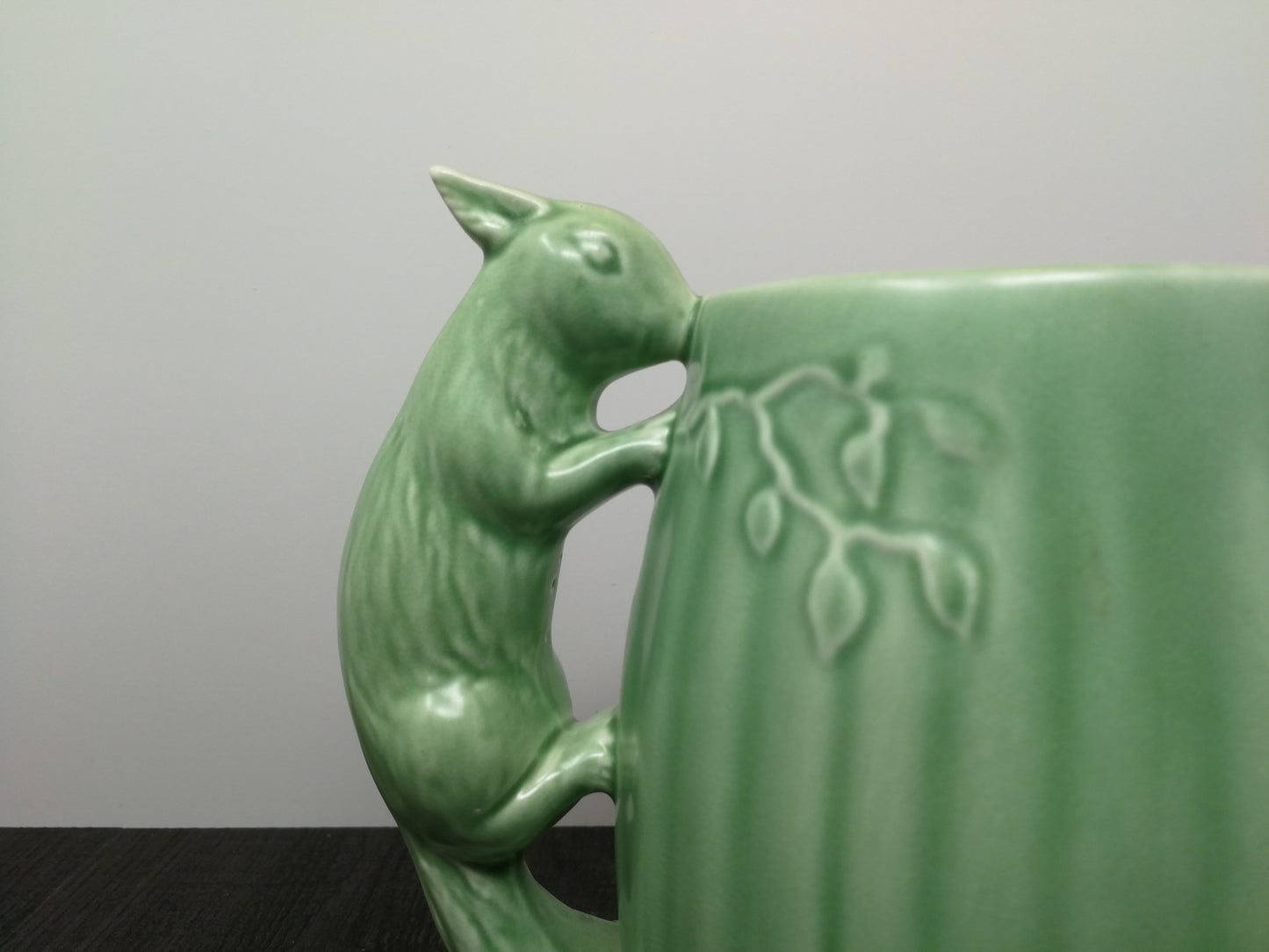 Art Pottery Tankard made in England by Sylvac | Beautiful Detail on Squirrel Handle | Light Green Glaze Finish
