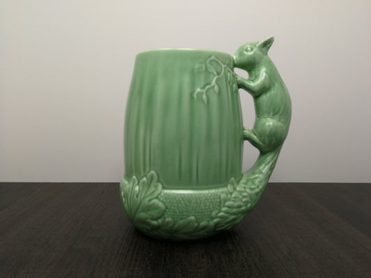 Art Pottery Tankard made in England by Sylvac | Beautiful Detail on Squirrel Handle | Light Green Glaze Finish