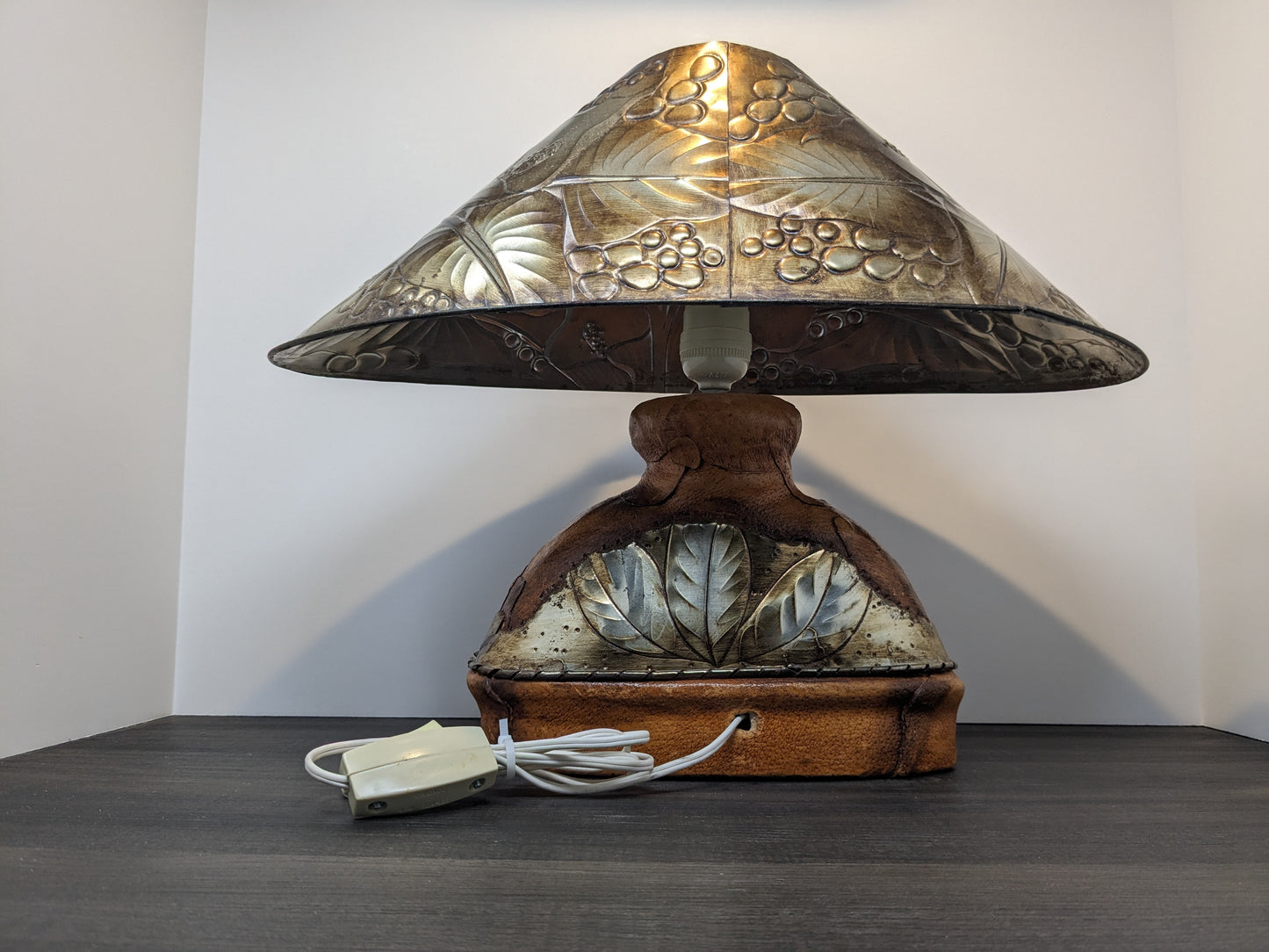 Leather and Tin Covered Ceramic Lamp | 1980 Vintage Lighting | Modernist Arts & Crafts Table Lamp| Hobbit Lamp