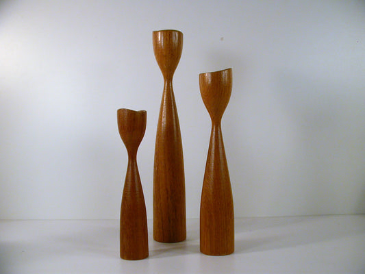 Teak Candle Stands, Sculpted Danish Design Candle Holders Set of 3, Vintage Mid Century Design Wegner Era Candle Holder Set in 3 Sizes