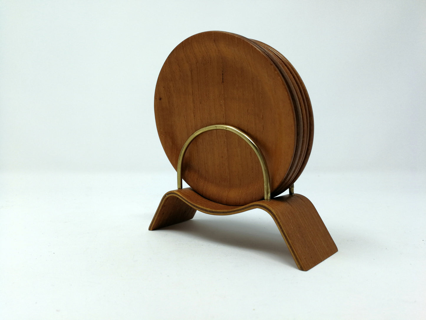 Teak Coaster Set | Mid Century 6 Coasters and Bent Wood Stand | Bar Ware Coasters