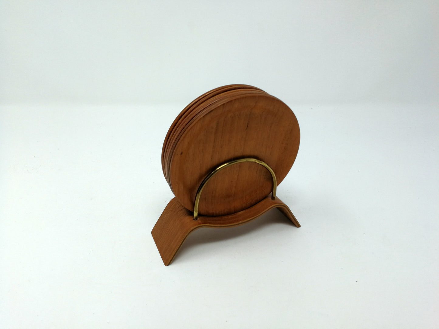 Teak Coaster Set | Mid Century 6 Coasters and Bent Wood Stand | Bar Ware Coasters