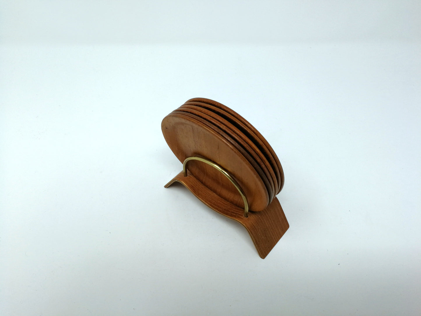 Teak Coaster Set | Mid Century 6 Coasters and Bent Wood Stand | Bar Ware Coasters