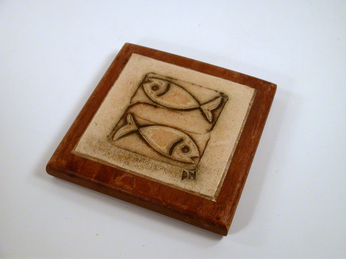 Vintage Trivet with Studio Pottery Tile Inlay with Teak Frame