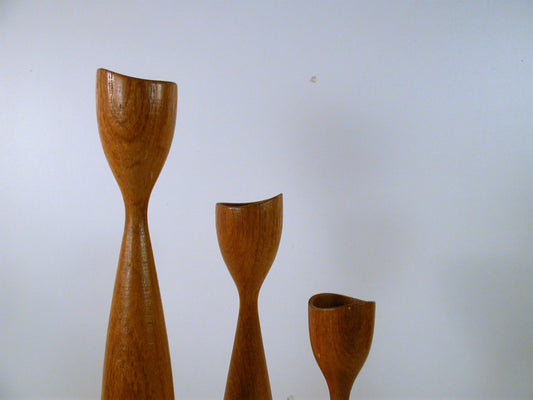Teak Candle Stands, Sculpted Danish Design Candle Holders Set of 3, Vintage Mid Century Design Wegner Era Candle Holder Set in 3 Sizes