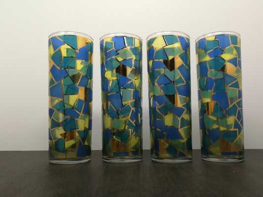 Set of 4 Vintage Stained Glass High Ball Glasses | Mid Century Cathedral Glass Drinking Glasses