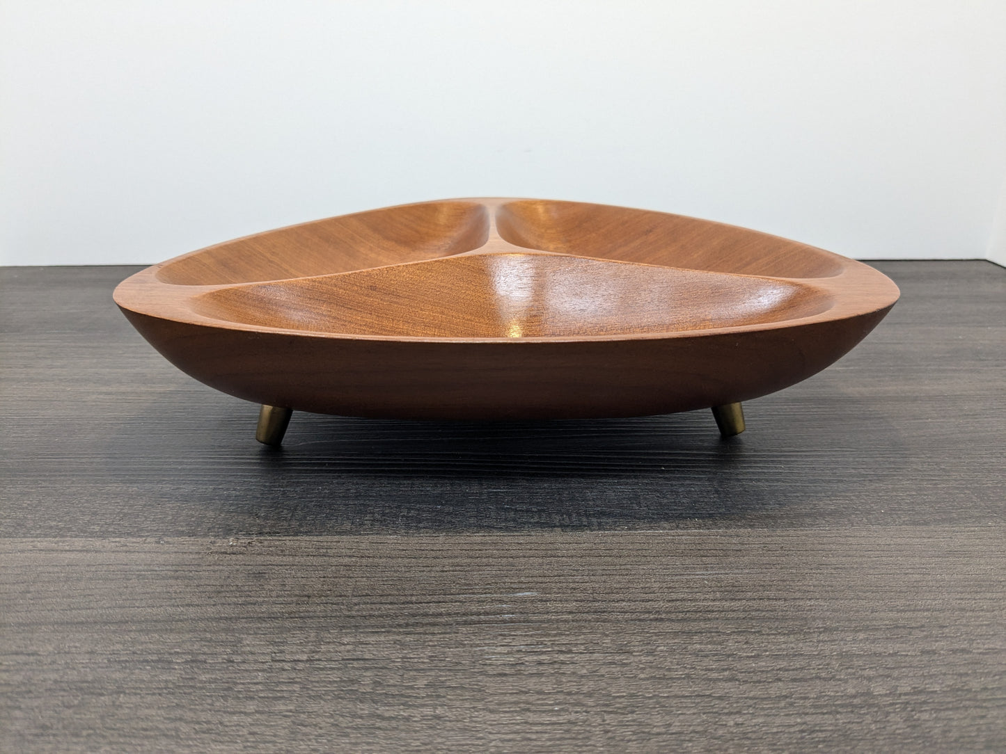 Triangular Wood Tray | Mid Century Tri Footed Divided Bowl | Brass Feet