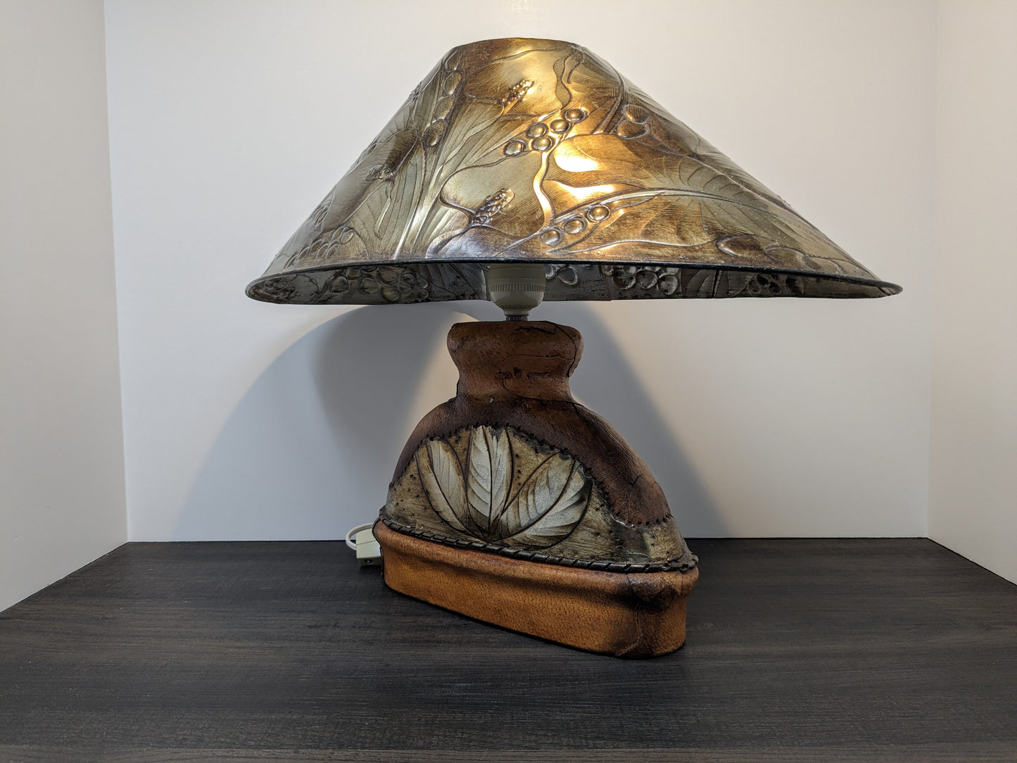 Leather and Tin Covered Ceramic Lamp | 1980 Vintage Lighting | Modernist Arts & Crafts Table Lamp| Hobbit Lamp