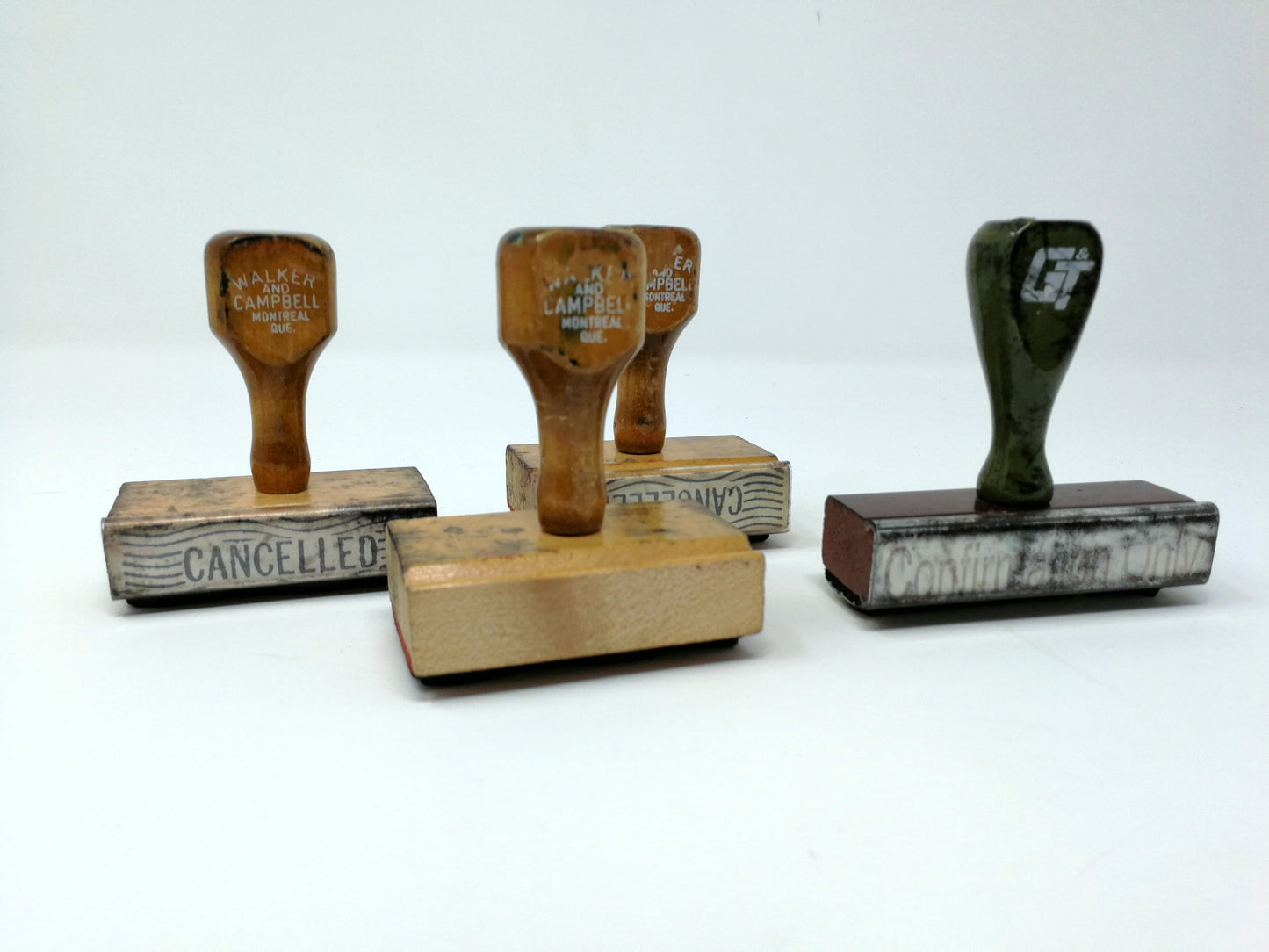 Vintage Wood Handled Office Stamps | 4 Rubber Stamps | Industrial Office Supply